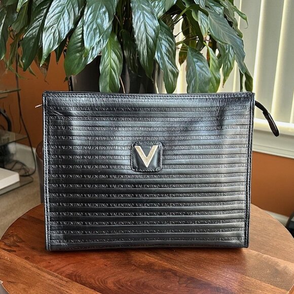 MARIO VALENTINO Embossed Leather Clutch Pouch Black
